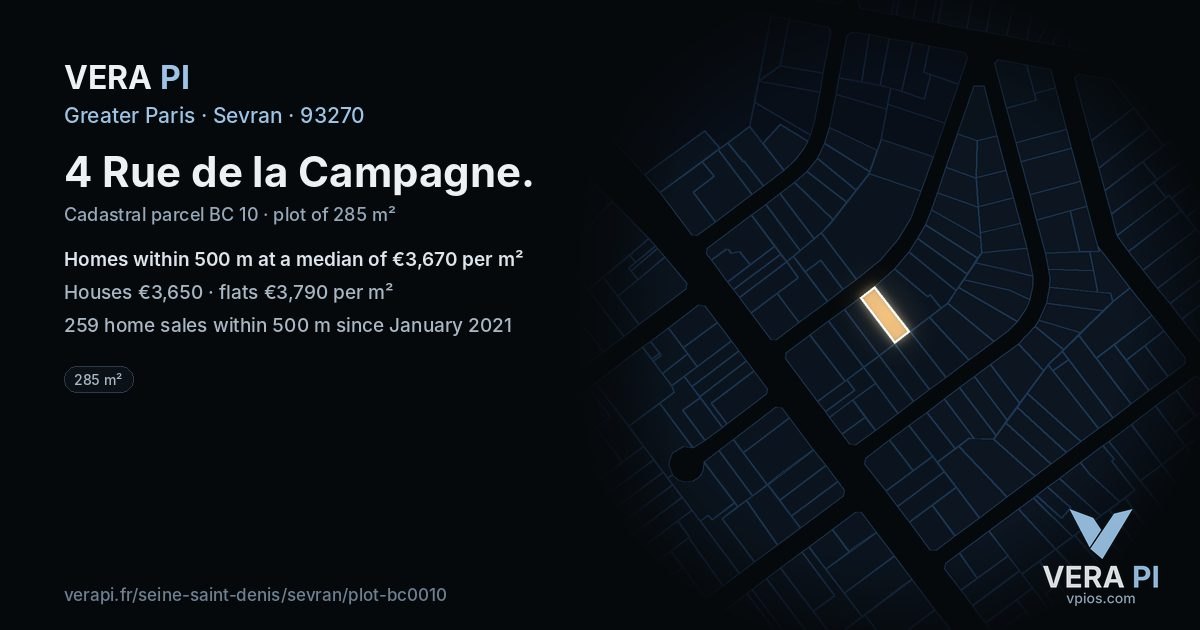 4 Rue de la Campagne, Sevran at night – the plot lit, the parcels around coloured by the prices near them