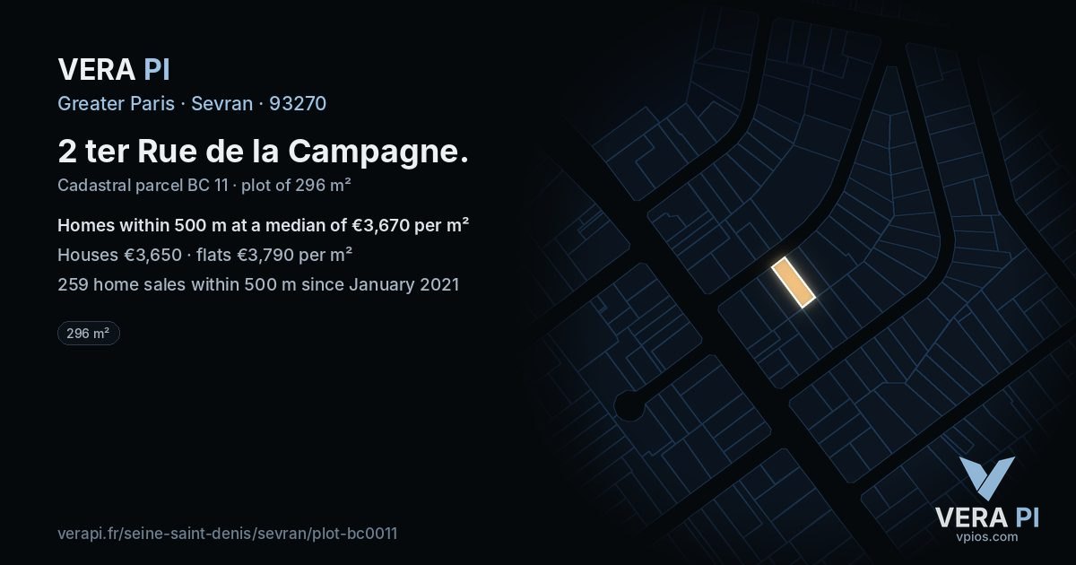 2 ter Rue de la Campagne, Sevran at night – the plot lit, the parcels around coloured by the prices near them