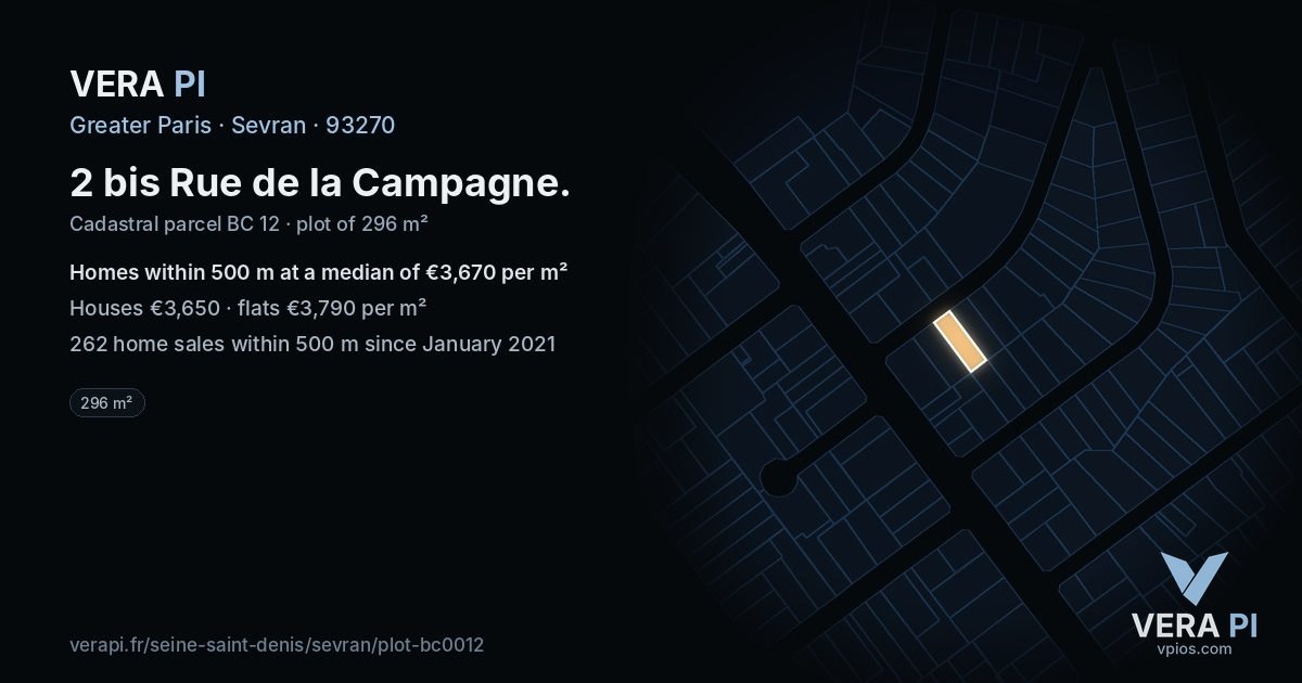 2 bis Rue de la Campagne, Sevran at night – the plot lit, the parcels around coloured by the prices near them