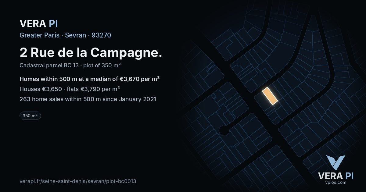 2 Rue de la Campagne, Sevran at night – the plot lit, the parcels around coloured by the prices near them