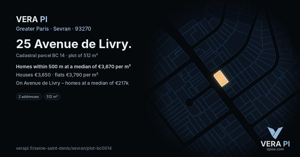25 Avenue de Livry, Sevran at night – the plot lit, the parcels around coloured by the prices near them