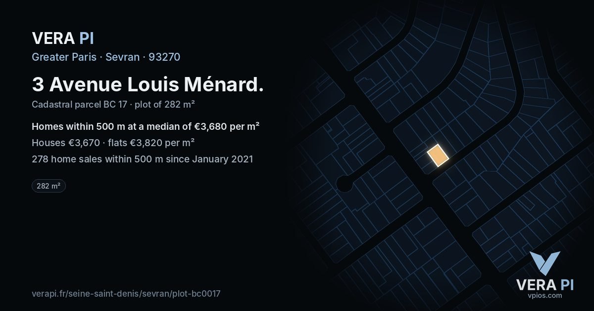 3 Avenue Louis Ménard, Sevran at night – the plot lit, the parcels around coloured by the prices near them