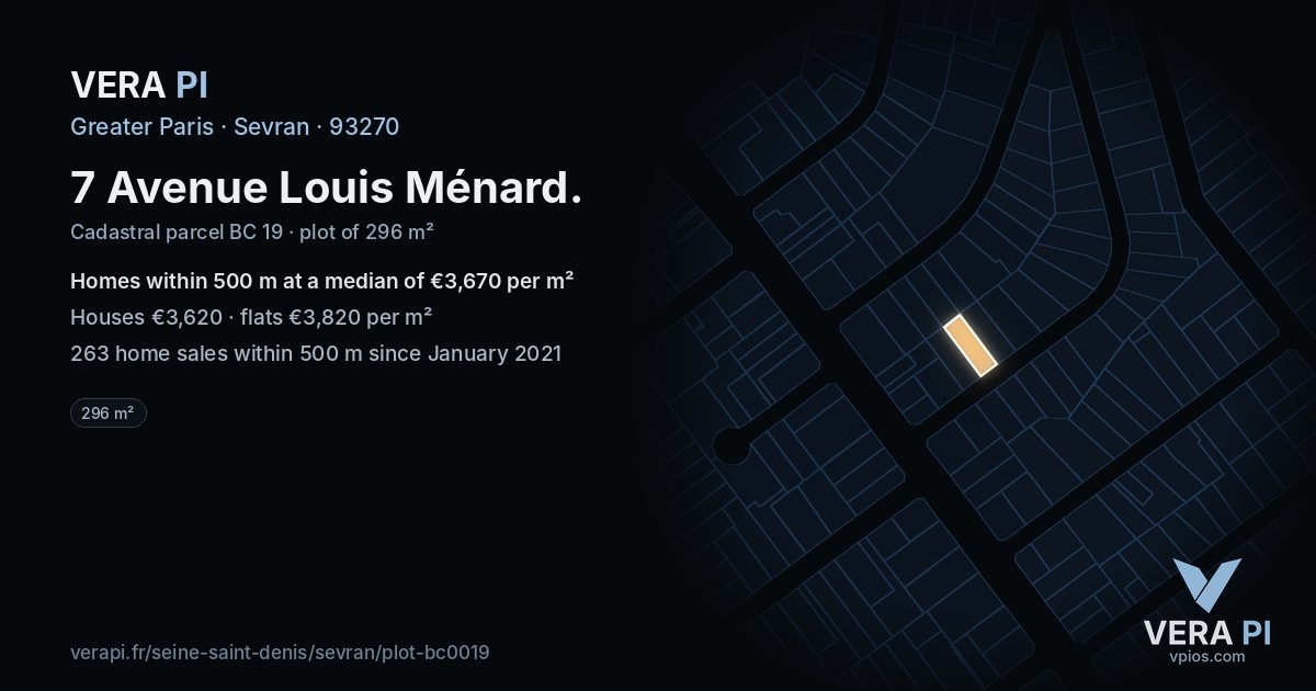 7 Avenue Louis Ménard, Sevran at night – the plot lit, the parcels around coloured by the prices near them