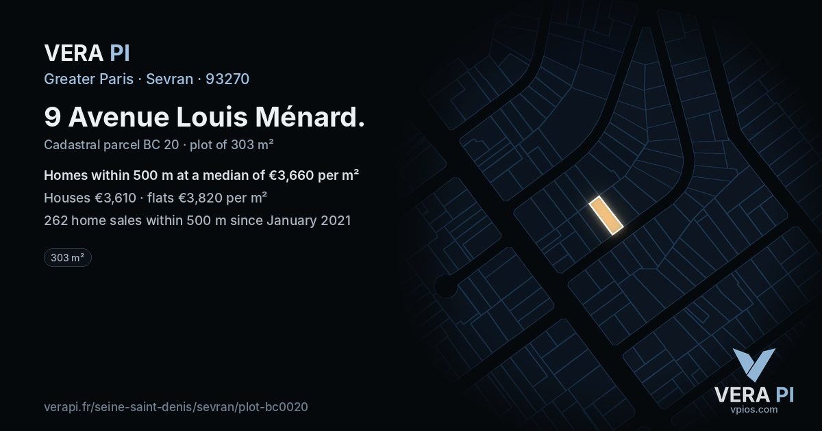 9 Avenue Louis Ménard, Sevran at night – the plot lit, the parcels around coloured by the prices near them