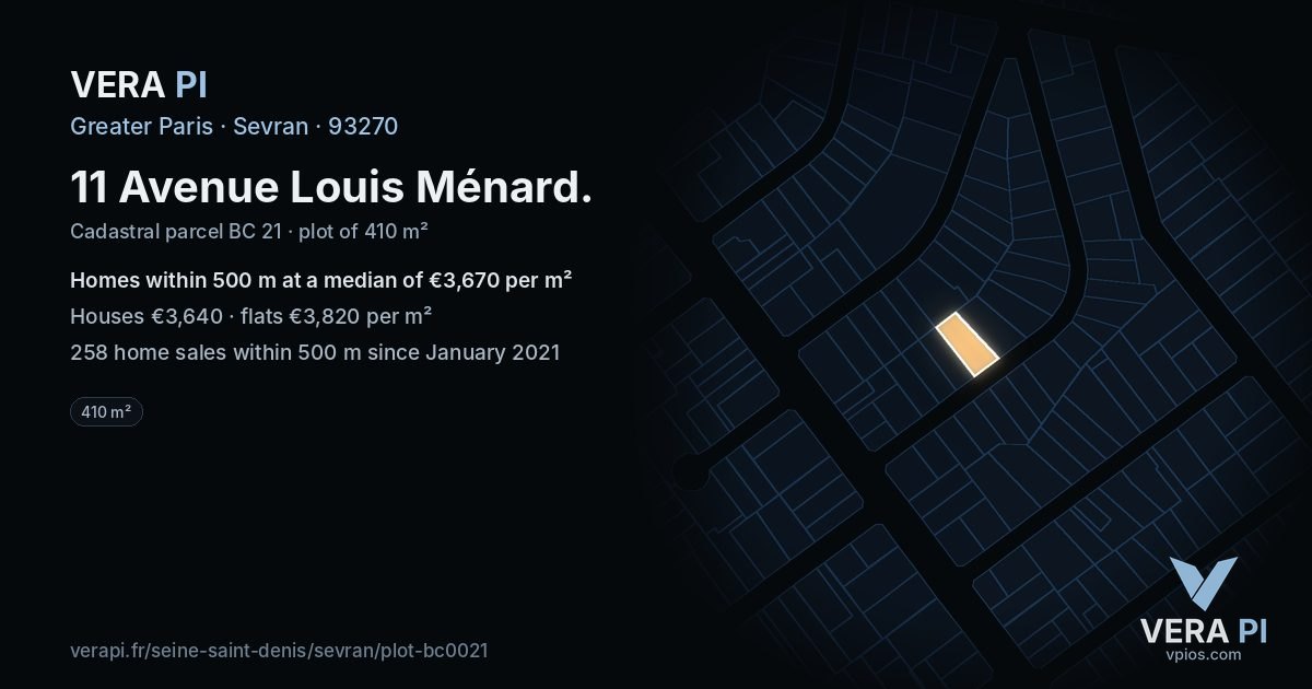11 Avenue Louis Ménard, Sevran at night – the plot lit, the parcels around coloured by the prices near them