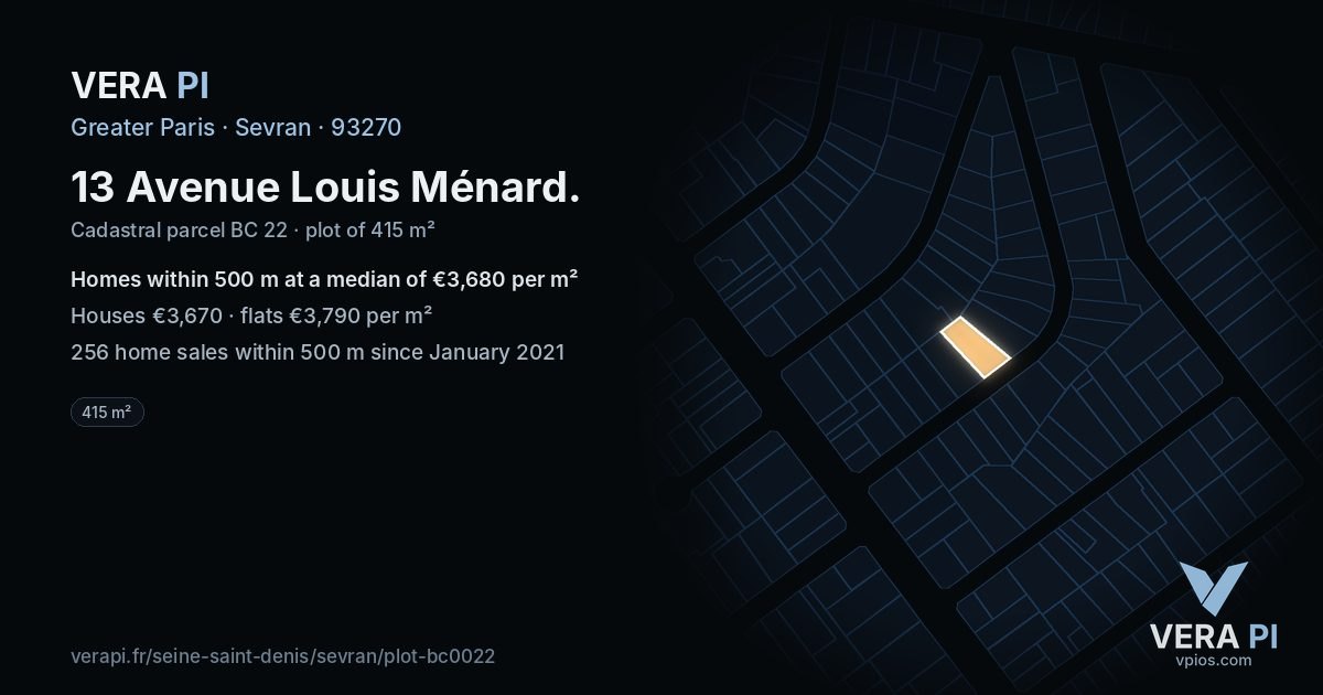13 Avenue Louis Ménard, Sevran at night – the plot lit, the parcels around coloured by the prices near them