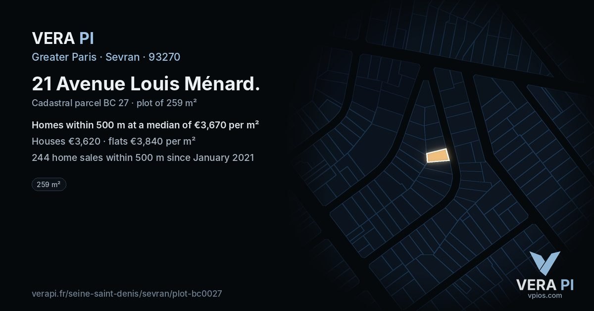 21 Avenue Louis Ménard, Sevran at night – the plot lit, the parcels around coloured by the prices near them