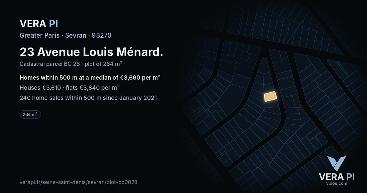 23 Avenue Louis Ménard, Sevran at night – the plot lit, the parcels around coloured by the prices near them