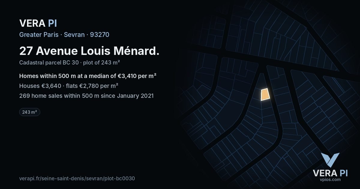 27 Avenue Louis Ménard, Sevran at night – the plot lit, the parcels around coloured by the prices near them