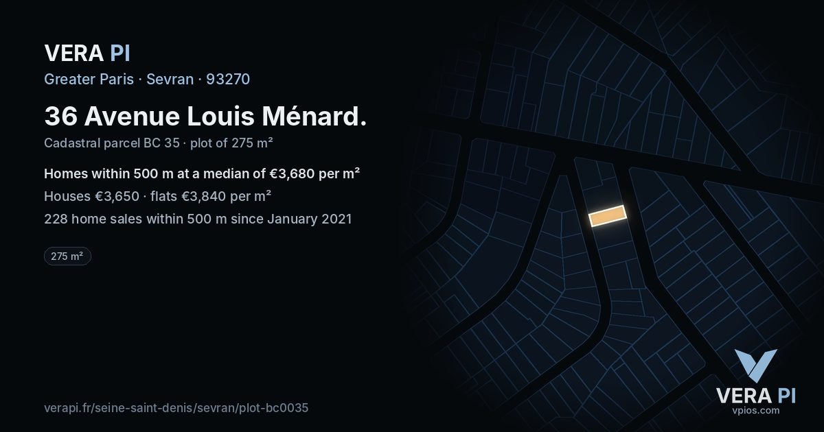 36 Avenue Louis Ménard, Sevran at night – the plot lit, the parcels around coloured by the prices near them