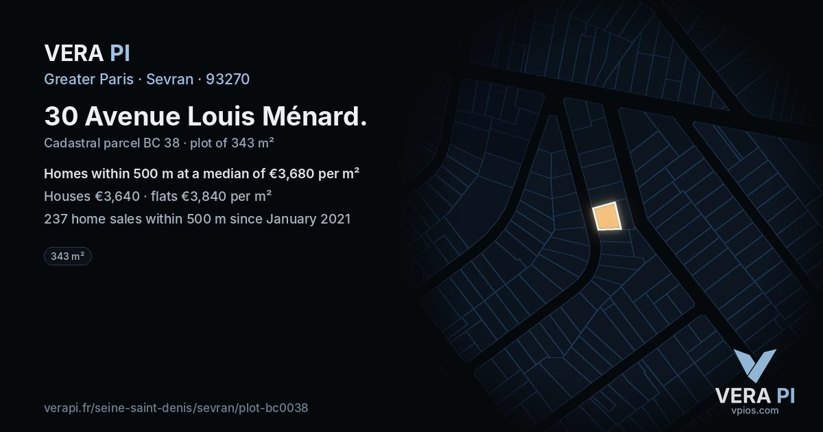 30 Avenue Louis Ménard, Sevran at night – the plot lit, the parcels around coloured by the prices near them