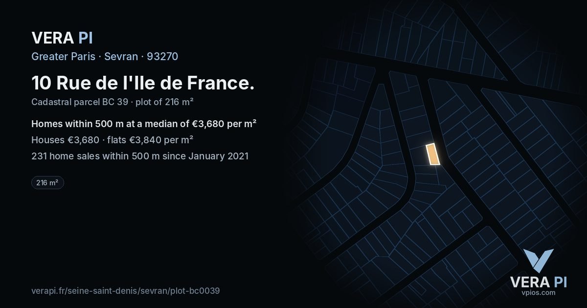 10 Rue de l'Ile de France, Sevran at night – the plot lit, the parcels around coloured by the prices near them