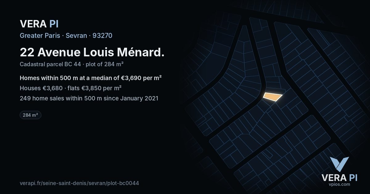 22 Avenue Louis Ménard, Sevran at night – the plot lit, the parcels around coloured by the prices near them