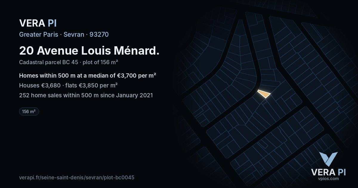20 Avenue Louis Ménard, Sevran at night – the plot lit, the parcels around coloured by the prices near them