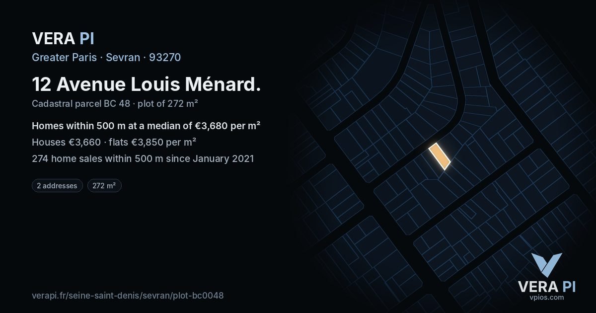 12 Avenue Louis Ménard, Sevran at night – the plot lit, the parcels around coloured by the prices near them