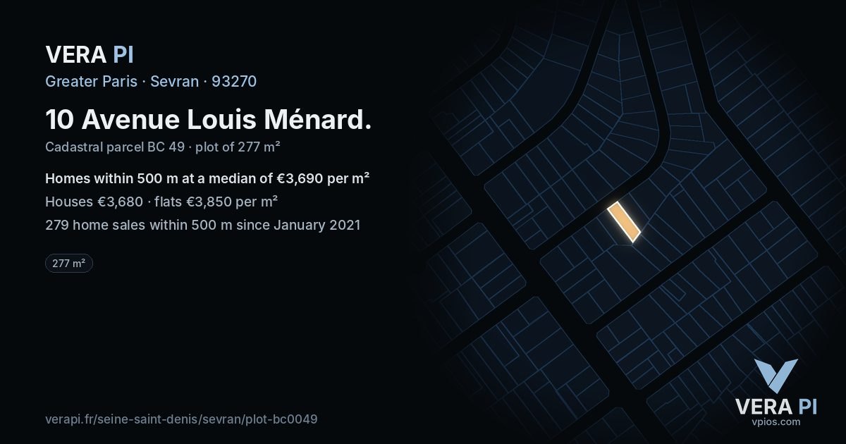 10 Avenue Louis Ménard, Sevran at night – the plot lit, the parcels around coloured by the prices near them