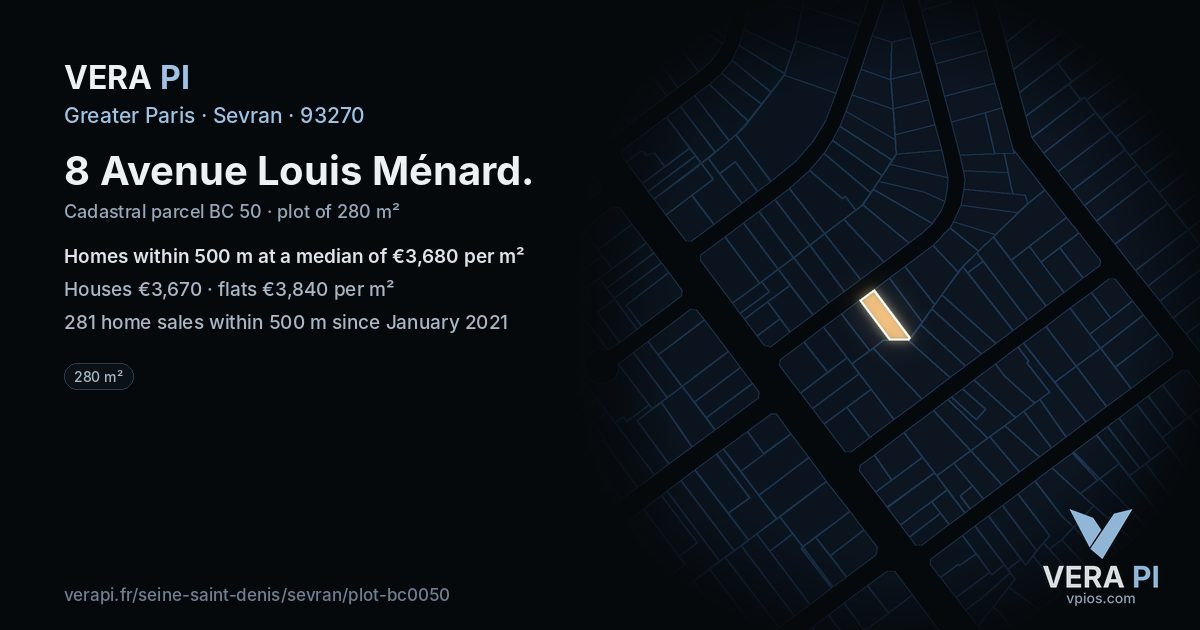8 Avenue Louis Ménard, Sevran at night – the plot lit, the parcels around coloured by the prices near them