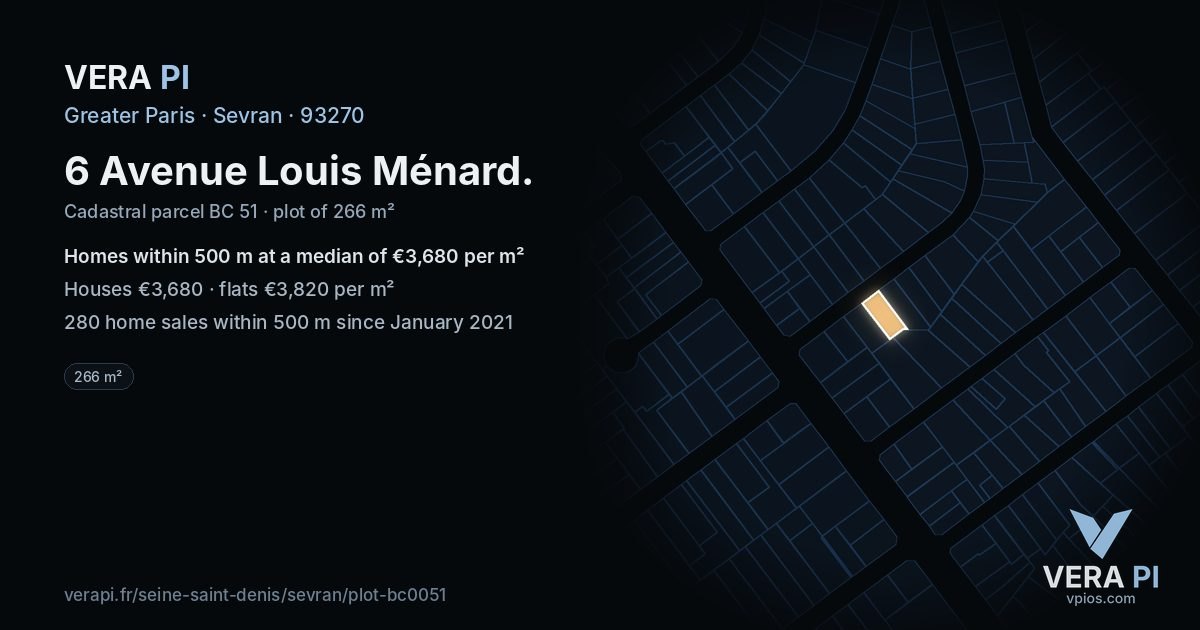 6 Avenue Louis Ménard, Sevran at night – the plot lit, the parcels around coloured by the prices near them
