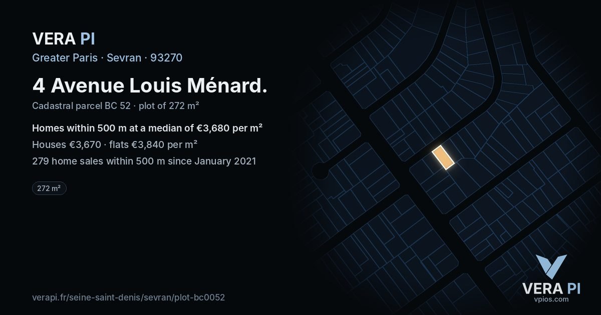 4 Avenue Louis Ménard, Sevran at night – the plot lit, the parcels around coloured by the prices near them