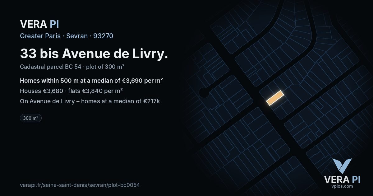 33 bis Avenue de Livry, Sevran at night – the plot lit, the parcels around coloured by the prices near them