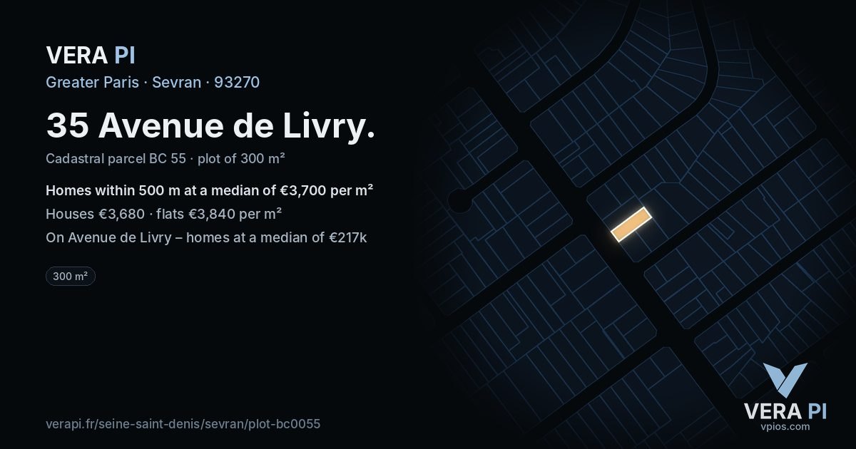 35 Avenue de Livry, Sevran at night – the plot lit, the parcels around coloured by the prices near them