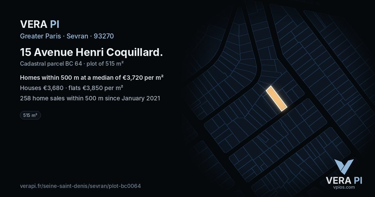15 Avenue Henri Coquillard, Sevran at night – the plot lit, the parcels around coloured by the prices near them