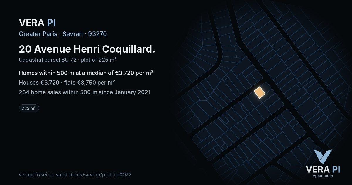 20 Avenue Henri Coquillard, Sevran at night – the plot lit, the parcels around coloured by the prices near them
