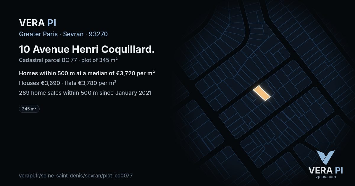 10 Avenue Henri Coquillard, Sevran at night – the plot lit, the parcels around coloured by the prices near them