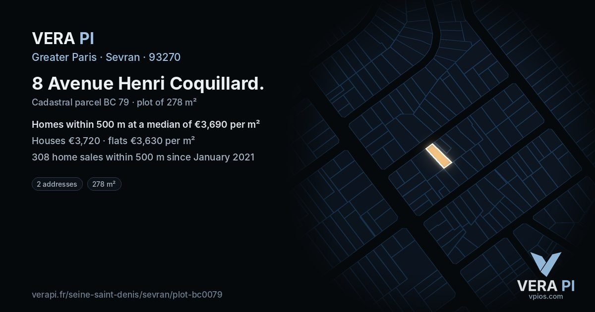 8 Avenue Henri Coquillard, Sevran at night – the plot lit, the parcels around coloured by the prices near them