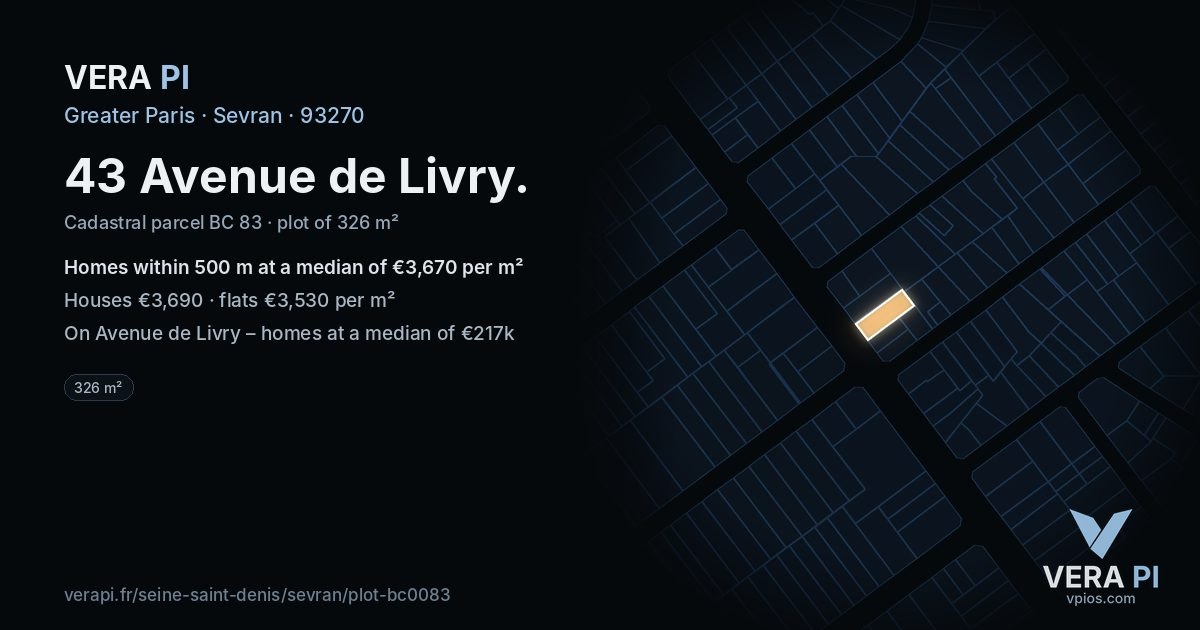 43 Avenue de Livry, Sevran at night – the plot lit, the parcels around coloured by the prices near them