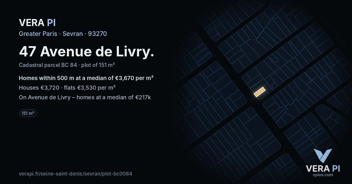 47 Avenue de Livry, Sevran at night – the plot lit, the parcels around coloured by the prices near them