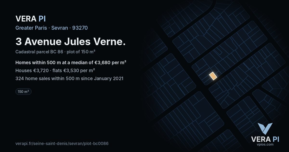 3 Avenue Jules Verne, Sevran at night – the plot lit, the parcels around coloured by the prices near them