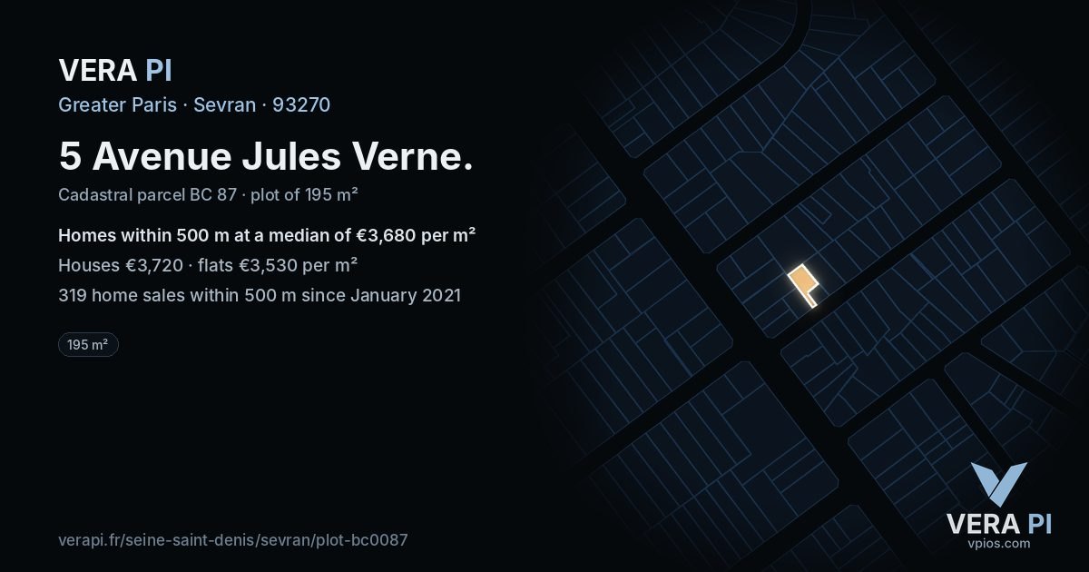 5 Avenue Jules Verne, Sevran at night – the plot lit, the parcels around coloured by the prices near them