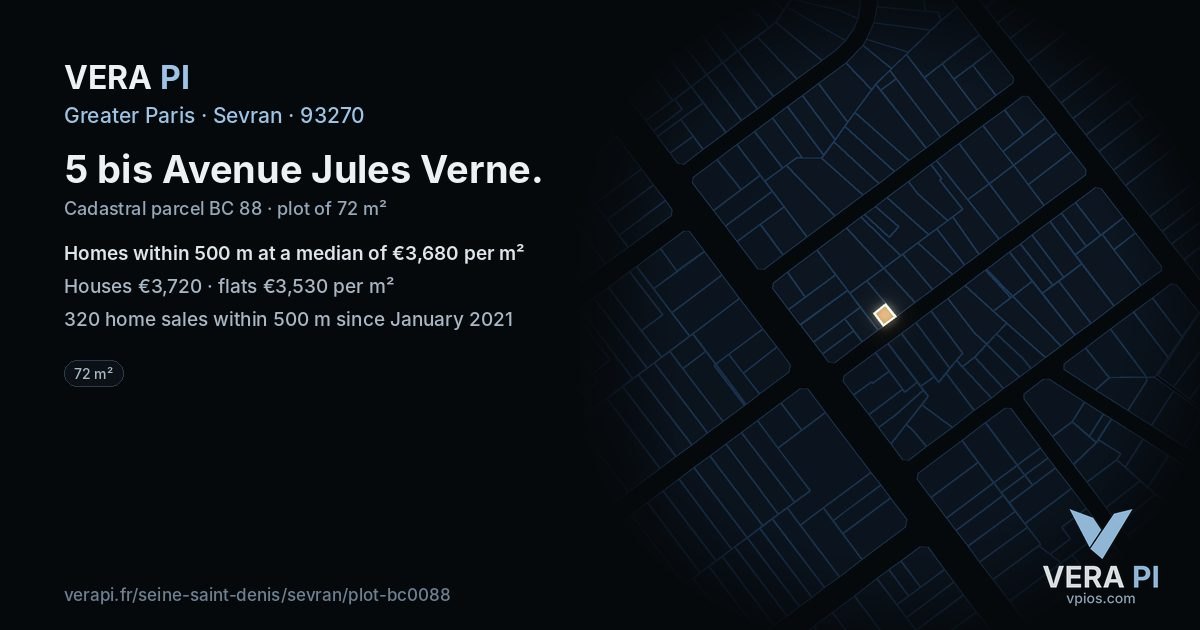 5 bis Avenue Jules Verne, Sevran at night – the plot lit, the parcels around coloured by the prices near them