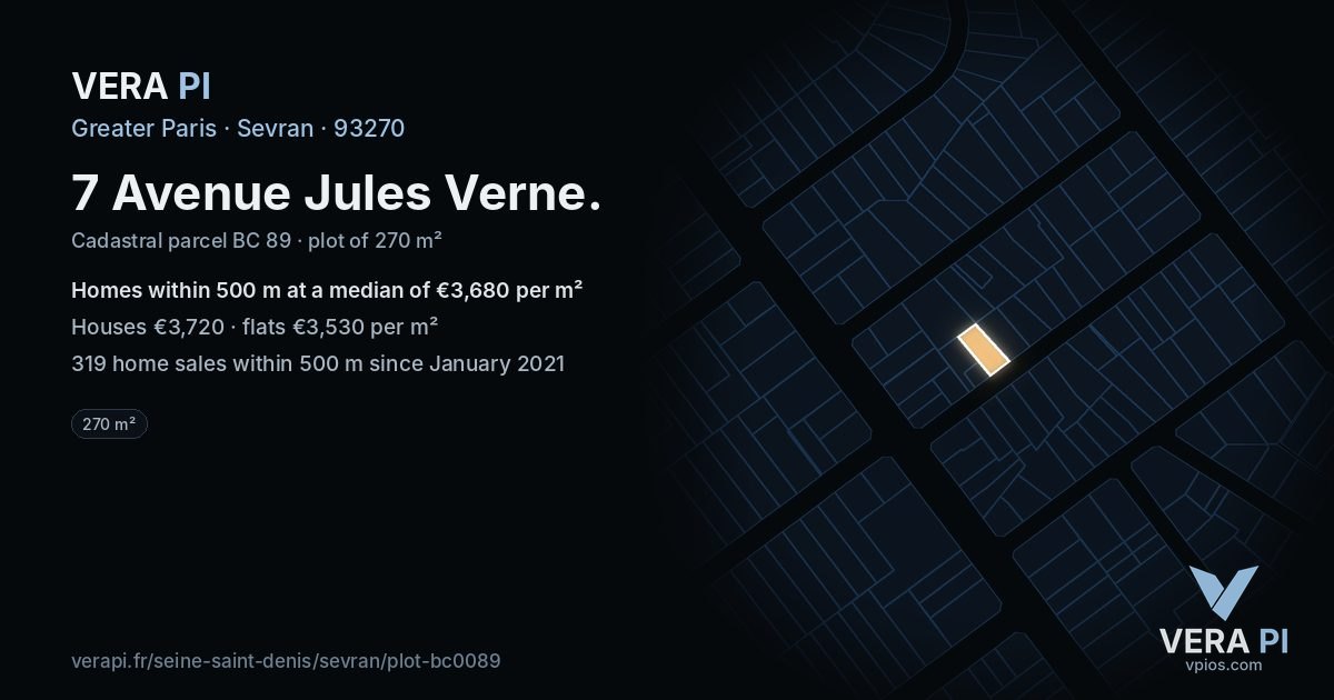 7 Avenue Jules Verne, Sevran at night – the plot lit, the parcels around coloured by the prices near them