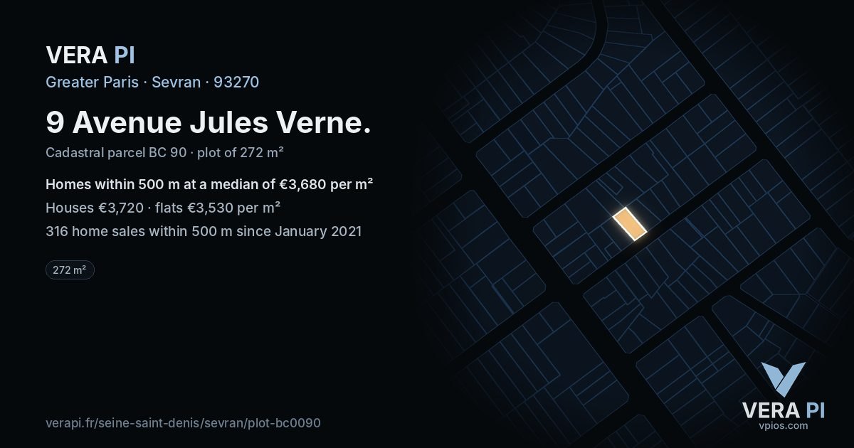 9 Avenue Jules Verne, Sevran at night – the plot lit, the parcels around coloured by the prices near them