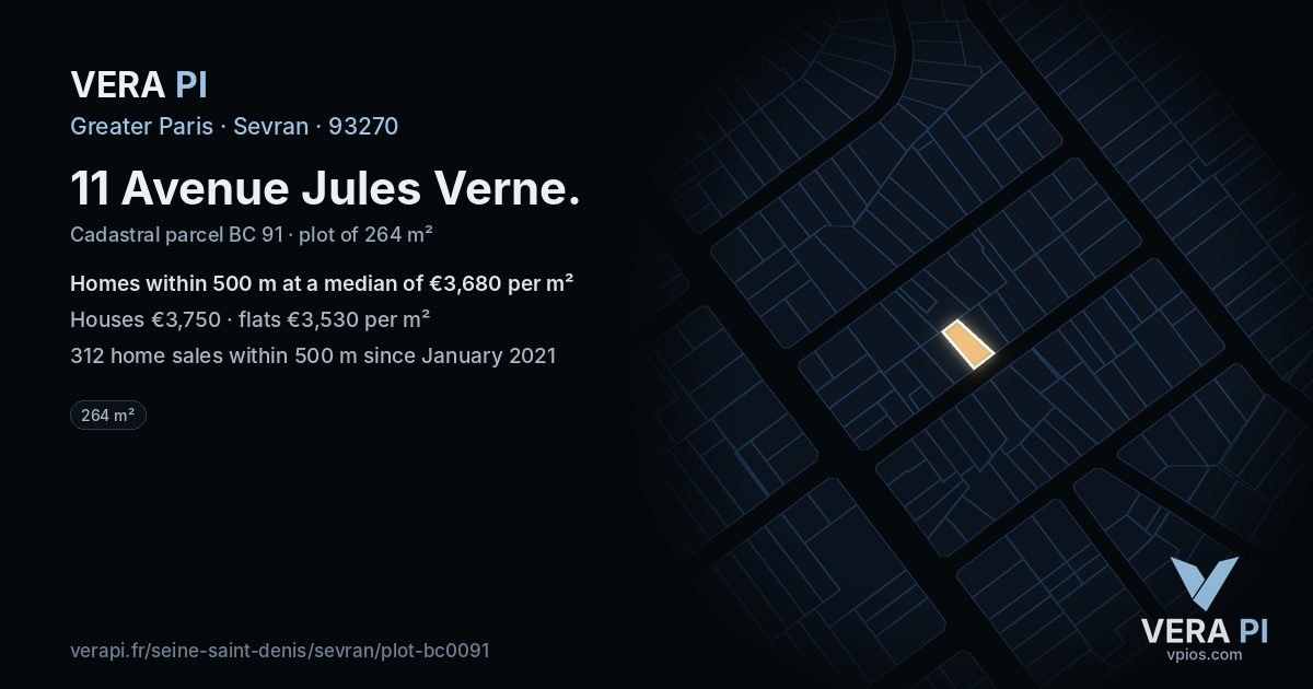 11 Avenue Jules Verne, Sevran at night – the plot lit, the parcels around coloured by the prices near them