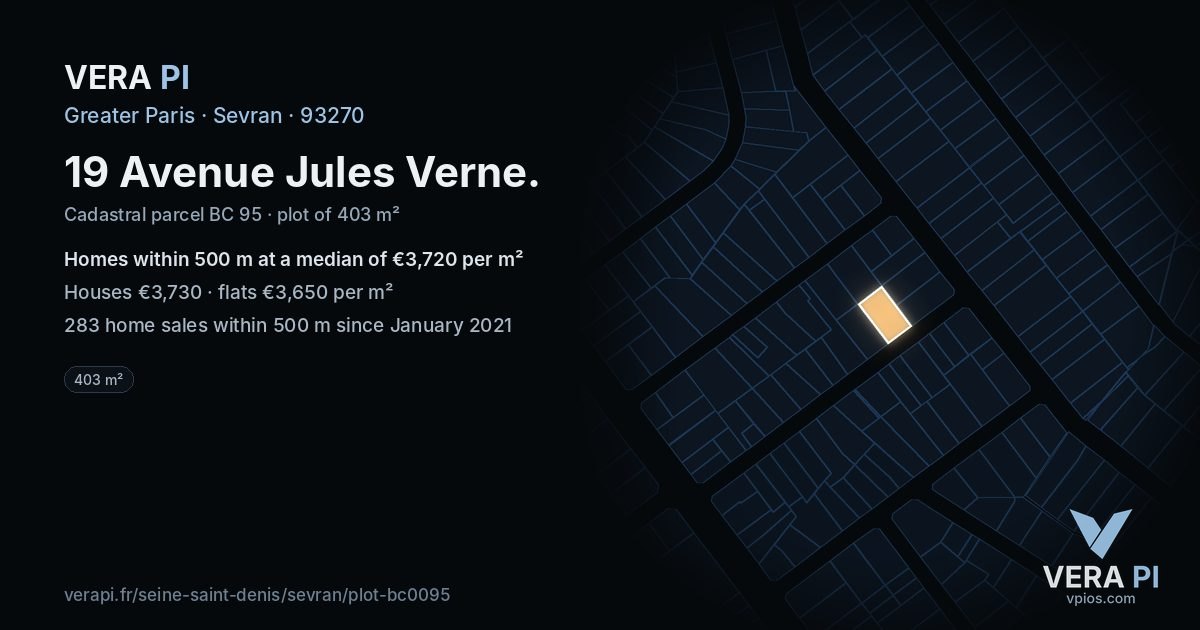 19 Avenue Jules Verne, Sevran at night – the plot lit, the parcels around coloured by the prices near them