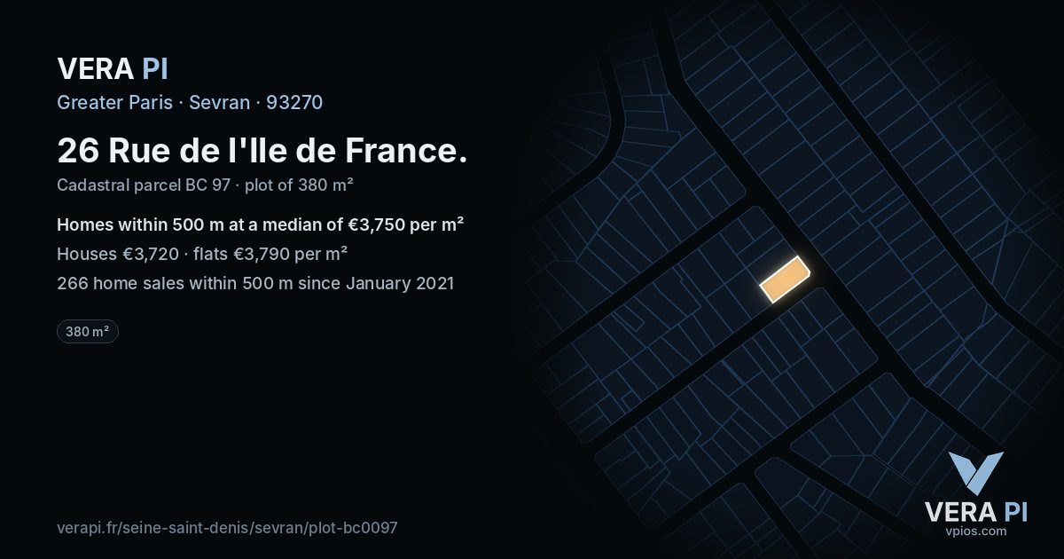26 Rue de l'Ile de France, Sevran at night – the plot lit, the parcels around coloured by the prices near them