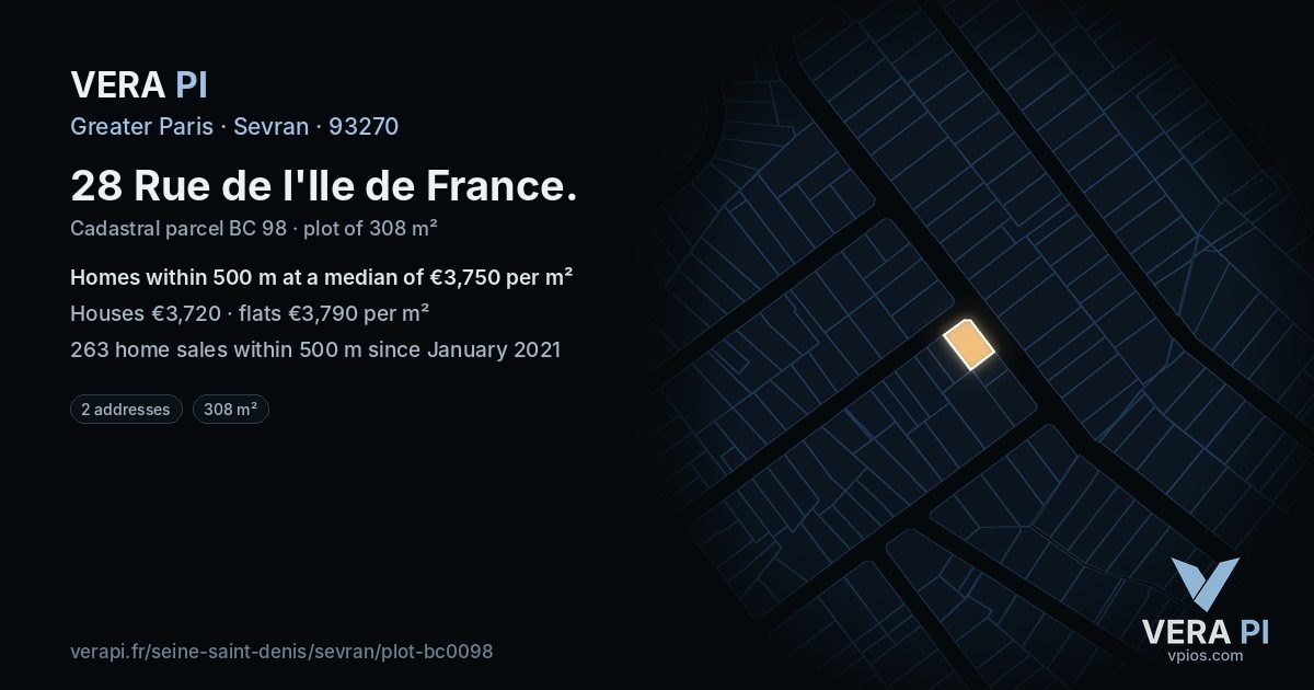 28 Rue de l'Ile de France, Sevran at night – the plot lit, the parcels around coloured by the prices near them