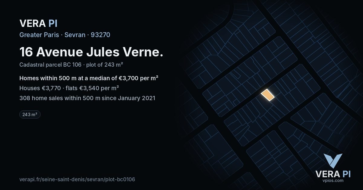 16 Avenue Jules Verne, Sevran at night – the plot lit, the parcels around coloured by the prices near them