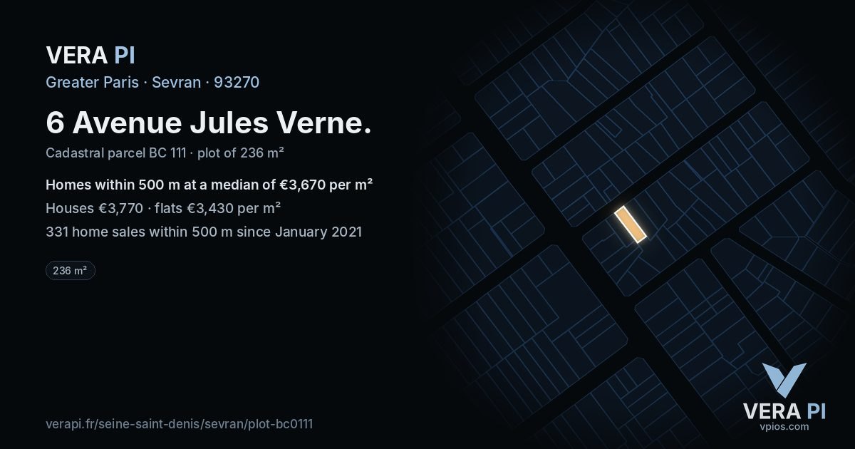 6 Avenue Jules Verne, Sevran at night – the plot lit, the parcels around coloured by the prices near them