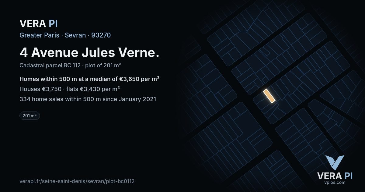 4 Avenue Jules Verne, Sevran at night – the plot lit, the parcels around coloured by the prices near them
