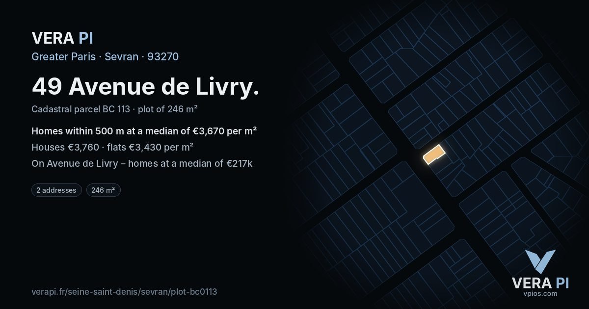 49 Avenue de Livry, Sevran at night – the plot lit, the parcels around coloured by the prices near them