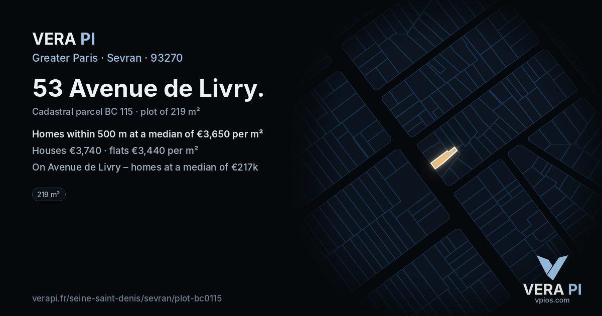 53 Avenue de Livry, Sevran at night – the plot lit, the parcels around coloured by the prices near them