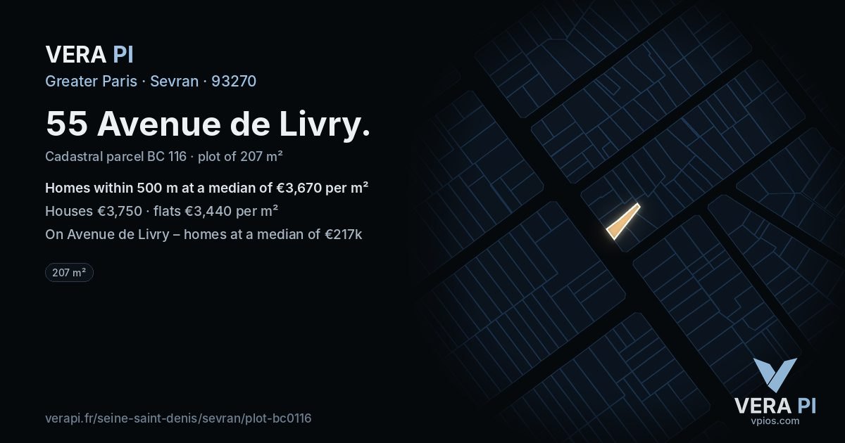 55 Avenue de Livry, Sevran at night – the plot lit, the parcels around coloured by the prices near them