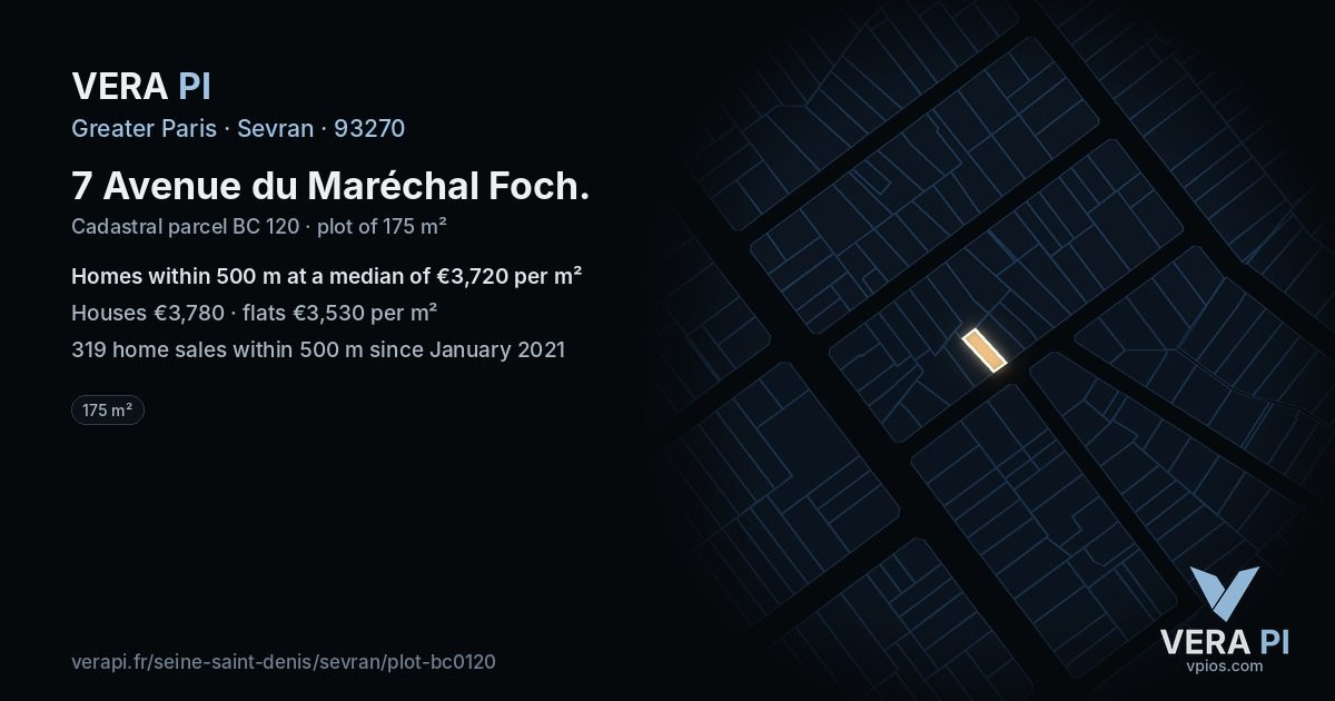 7 Avenue du Maréchal Foch, Sevran at night – the plot lit, the parcels around coloured by the prices near them