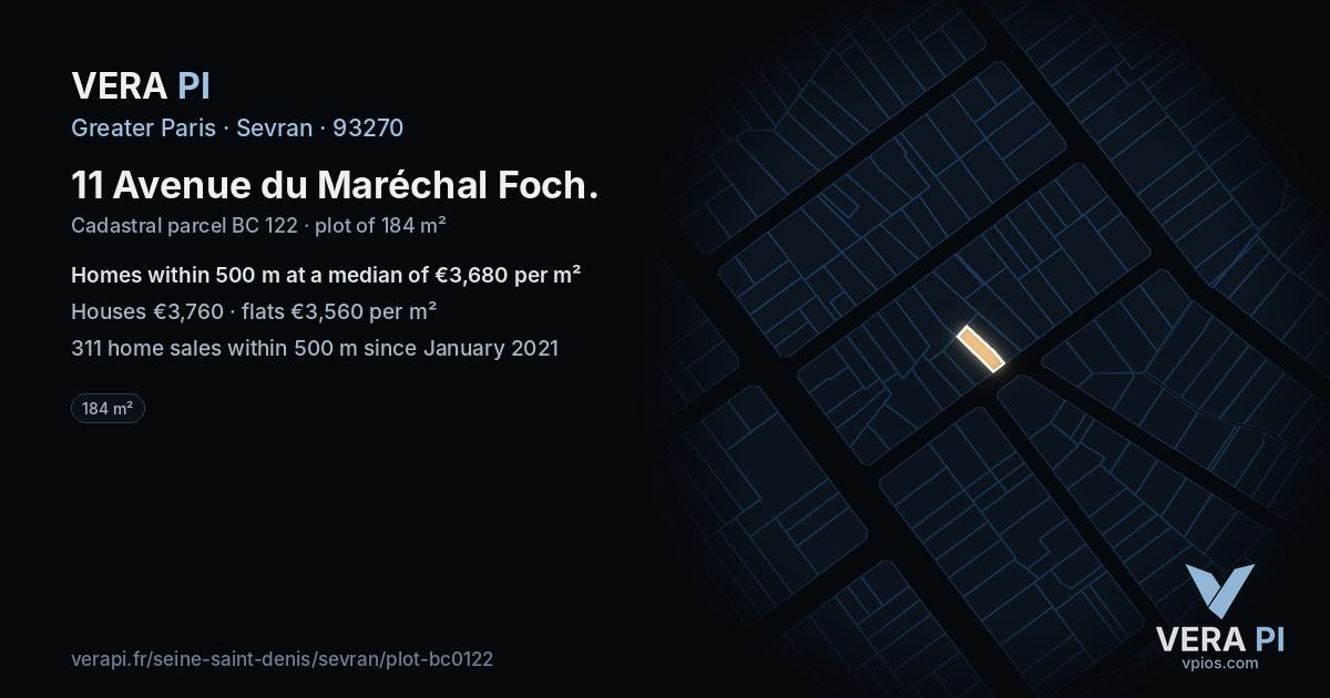 11 Avenue du Maréchal Foch, Sevran at night – the plot lit, the parcels around coloured by the prices near them
