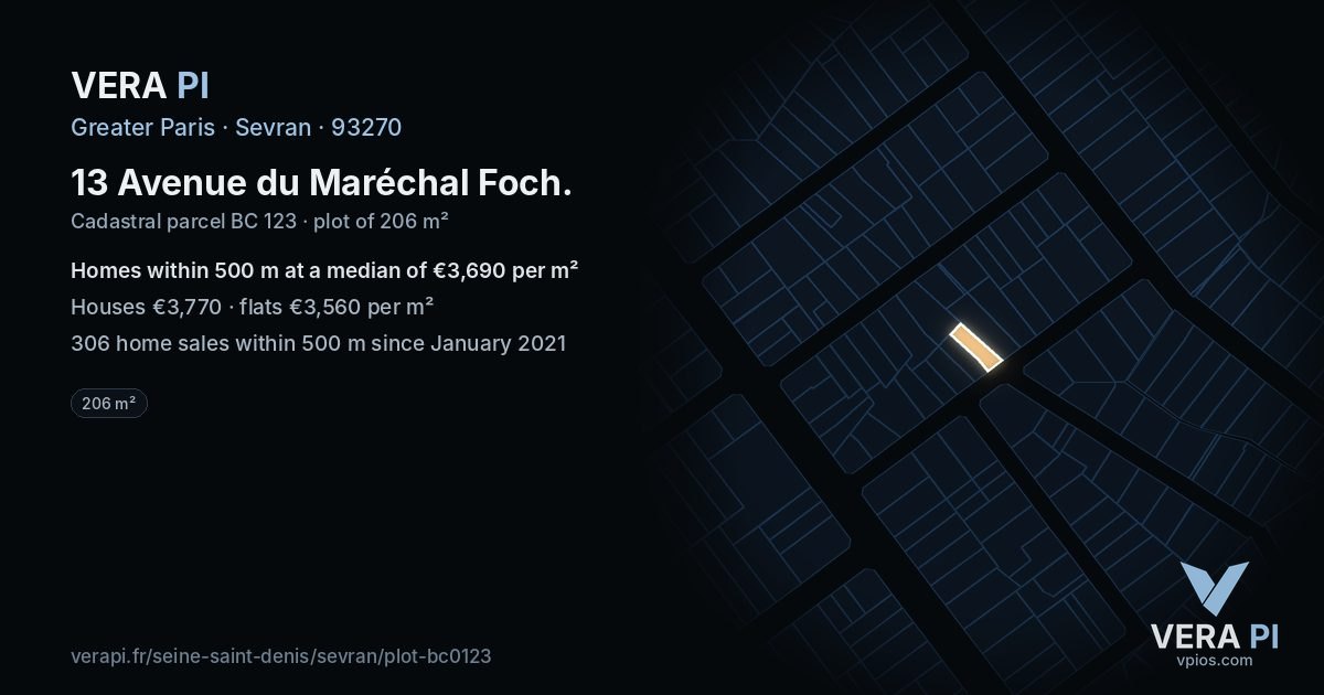13 Avenue du Maréchal Foch, Sevran at night – the plot lit, the parcels around coloured by the prices near them