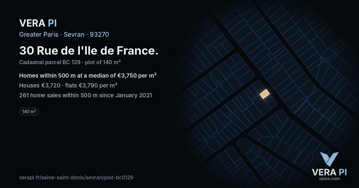 30 Rue de l'Ile de France, Sevran at night – the plot lit, the parcels around coloured by the prices near them
